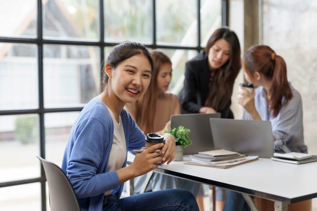 Colleagues discussing their cafeteria service at the office